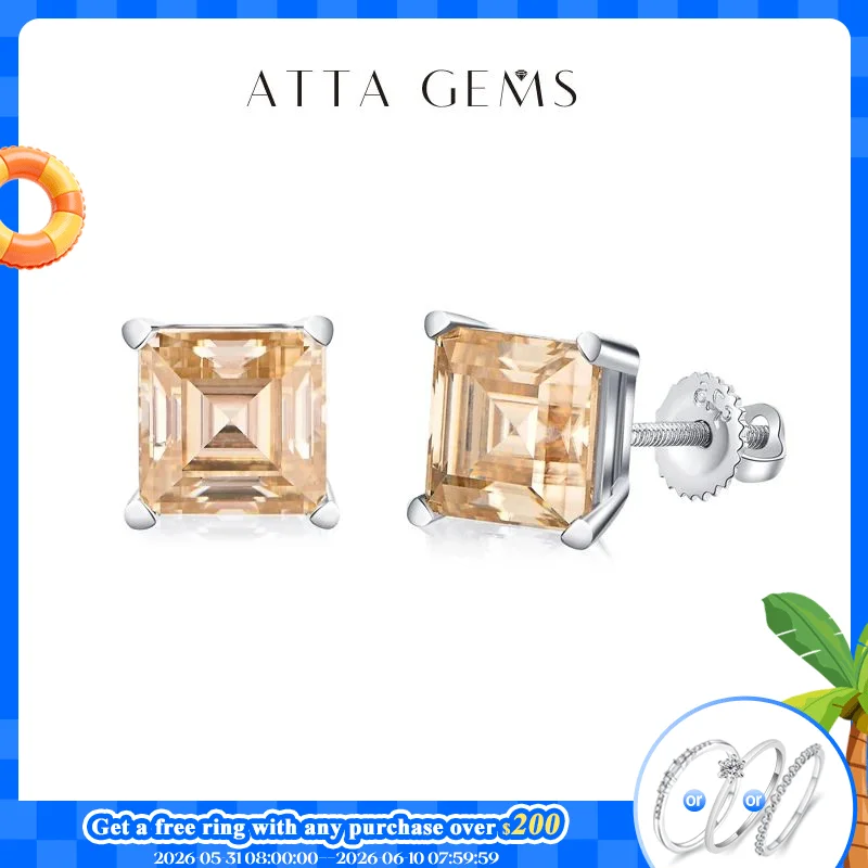 

ATTAGEMS Silver 925 Earring Yellow Moissanite Screw Back Stud Square Stud Earrings For Women Princess Cut 5*5MM Jewelry 귀걸이