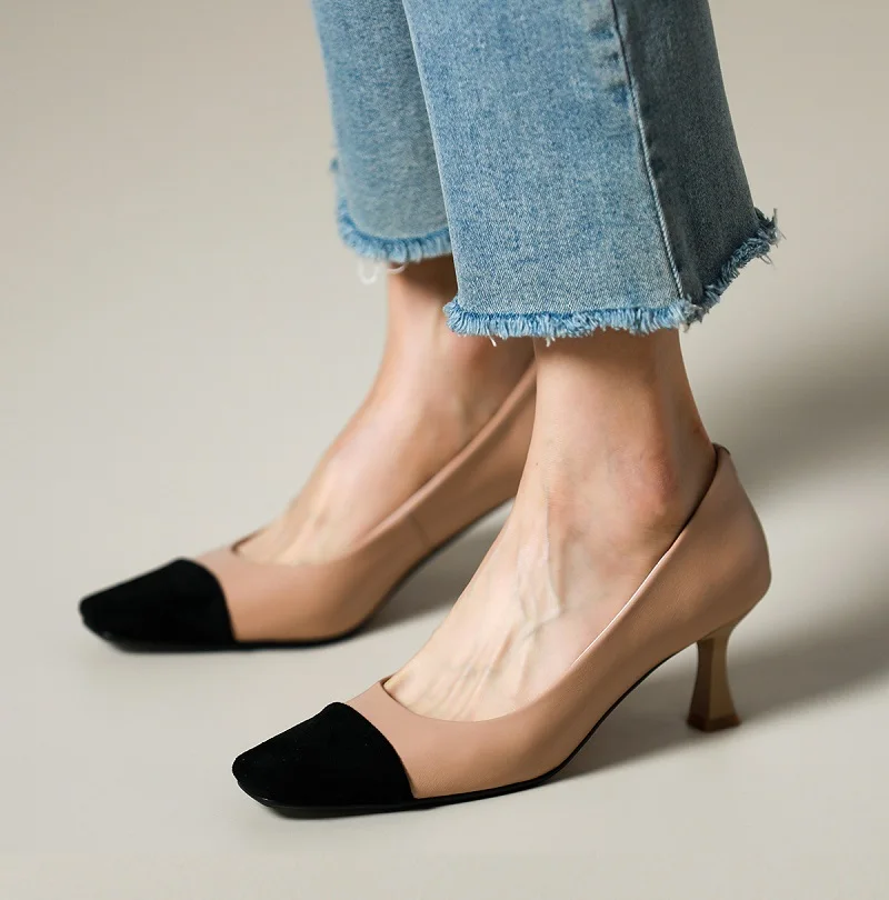 Elegant Ladies Dress PumpsFrench Style Women Pumps On Thin Heel 6 CM Cowhide Spring Basic Pumps  Square Toe Simple Shoes Woman