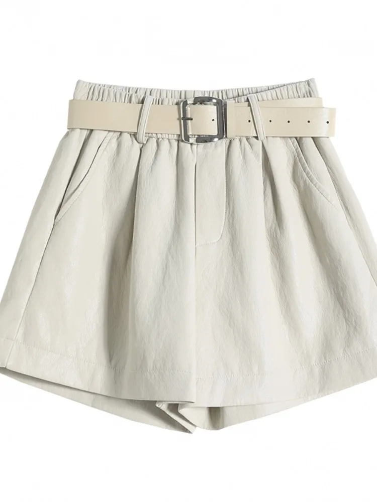 Retro Brown PU Leather A-Line Wide Leg ort Pants Women's Casual Autumn Winter New Sle Versatile Bootcut Pants Ci Walk