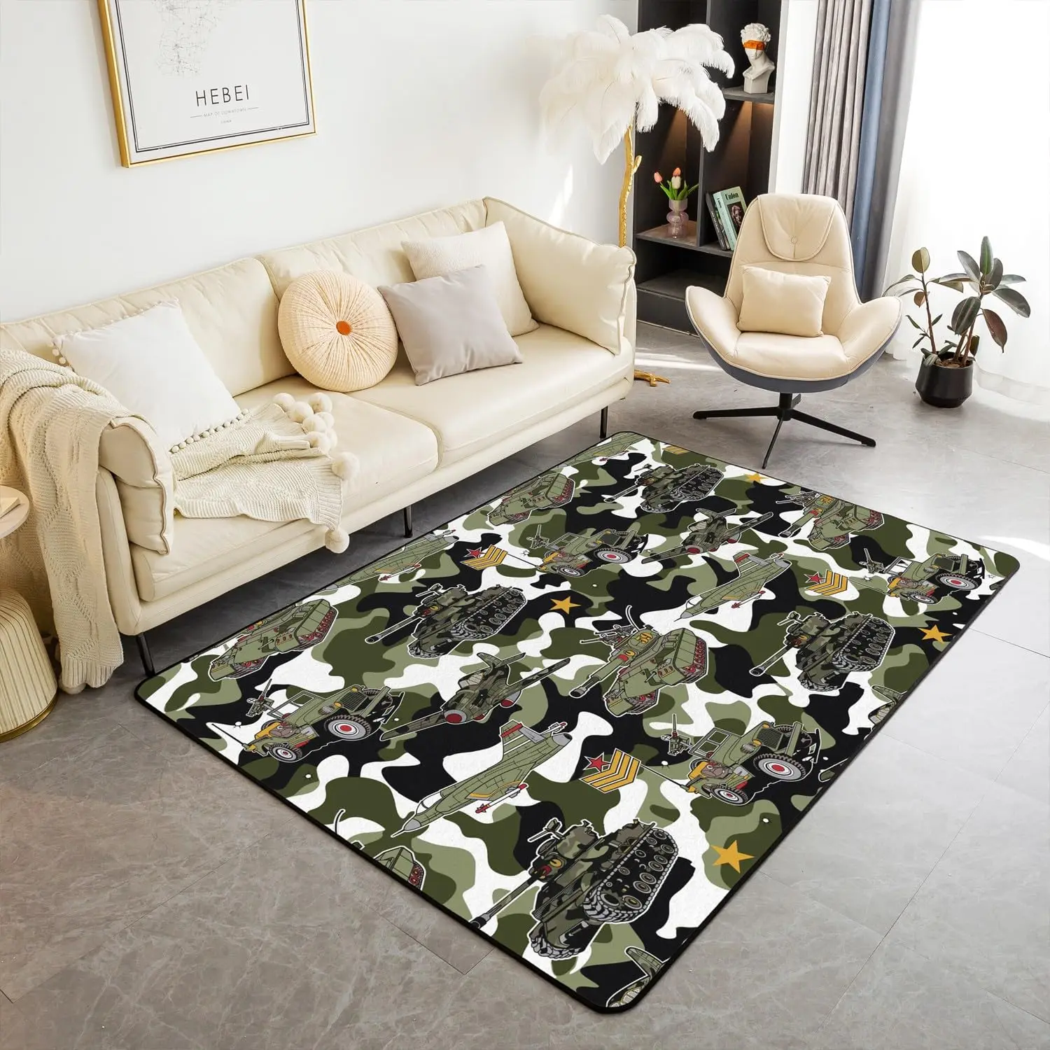 War Theme Area Rug Camo Tank Floor Mat for Bedroom Playroom Backyard,Vintage Vehicles Carpet Non Slip Doormat for Kids Adults