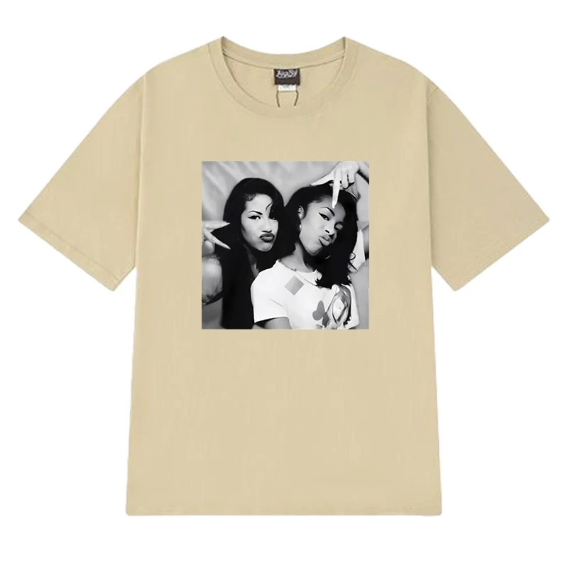 أزياء Aaliyah n Selena مطبوعة الجرافيك الشارع الهيب هوب تي شيرت 100% القطن الرجال النساء قصيرة الأكمام تي شيرت خمر للجنسين