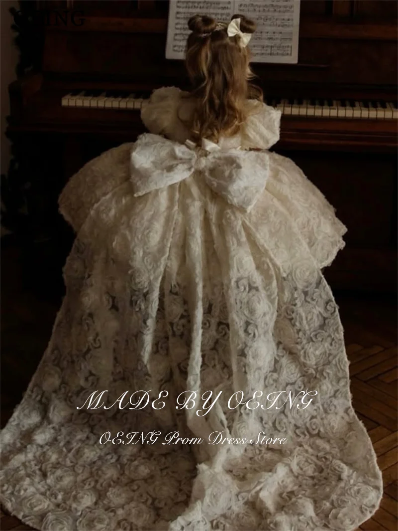 OEING Vintage Ivory A-Line Flower Girl Dress 3D Rose Fabric Bow Wedding Party Dress Princess Baby Birthday Dress Customized