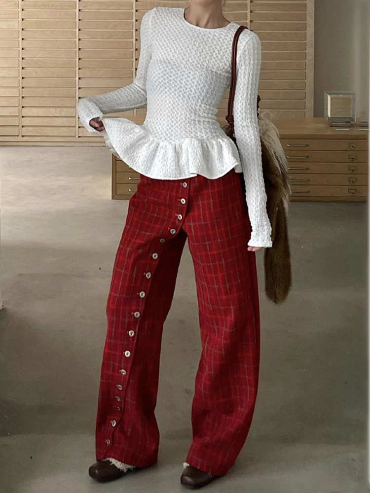 アメリカンスタイルのレトロシックなチェック柄非対称ボタン付きポケット多用途ジーンズ秋冬新女性カジュアルストレートパンツ