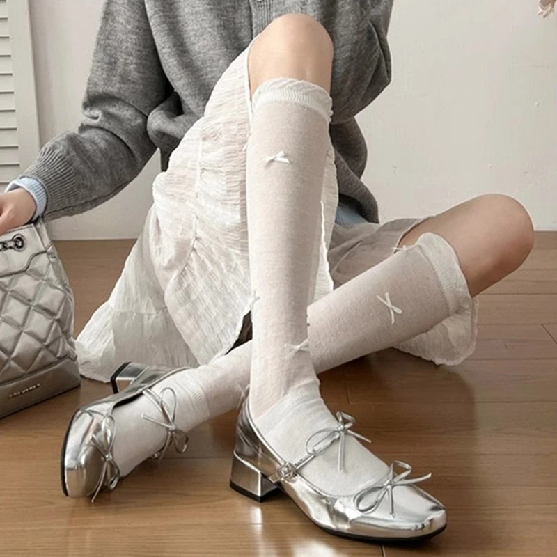 French Silver Bow High-heeled Single Shoes 2025 New Foreign Style Square Toe Block Heel Mary Jane Shoes