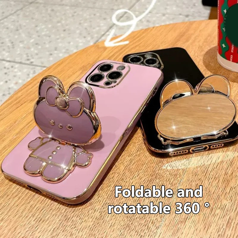 360° Rotating Bracket 2 In 1 Cartoon Rabbit Make-up Mirror Phone Holder Universal Foldable Desktop Stand Case Accessories