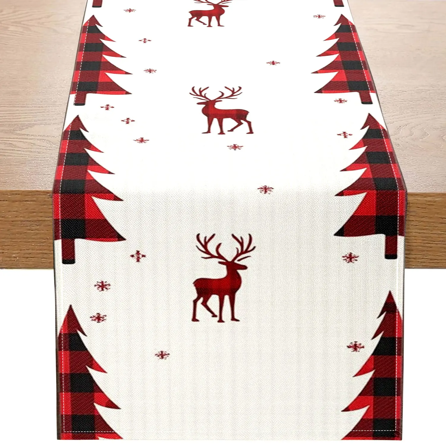 1 Piece of Christmas-Themed Table Runner, Featuring Red and Black Checkered Pine Trees and Red Reindeer Patterns, Suitable for Christmas Parties, Family Dinners, and Other Occasions