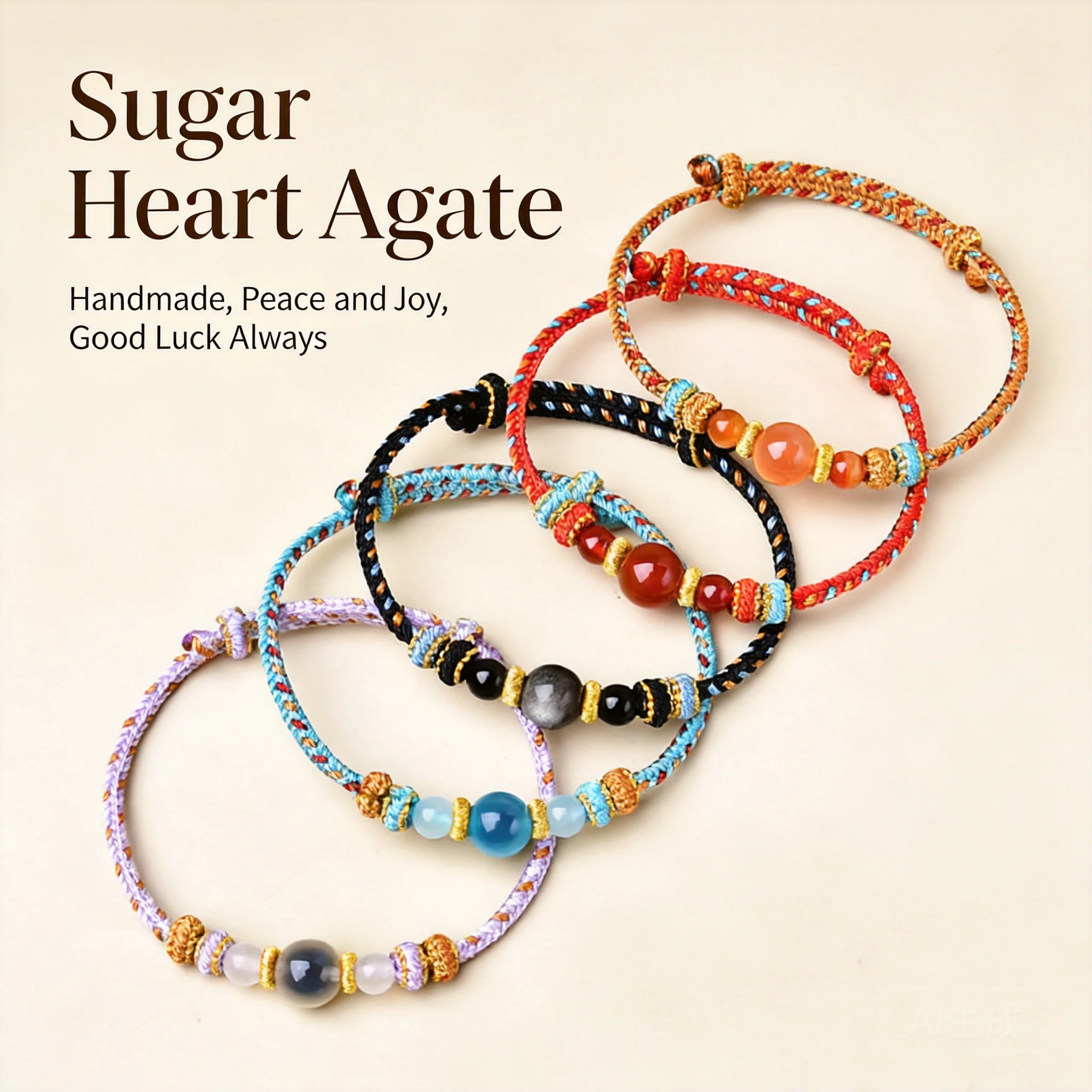

Chinese Style Good Luck Sugar Heart Agate Bracelet Handmade Braided Dunhuang Color 8 Strand Adjustable Couple Bracelet Blessing