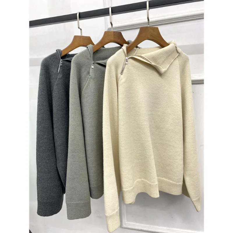 

New Autumn/Winter Collection: Nordic-Style Oversized Long-Sleeve Knit Top With Asymmetrical Zipper Collar Sweater For Women