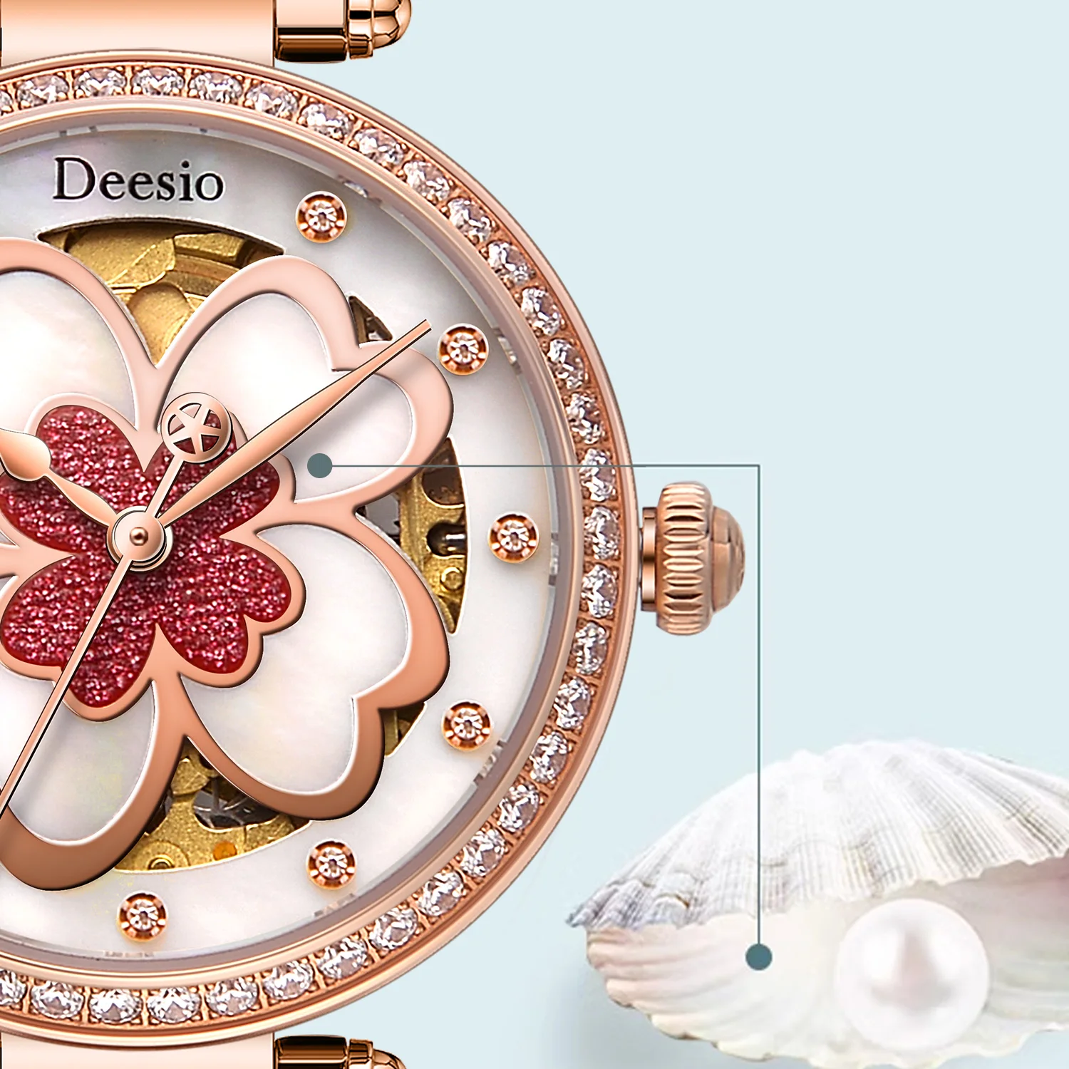 

Deesio Ladies Automatic Watch Stainless Steel Skeleton Lucky Dial Self Winding Mechanical Women's Watch 50M Waterproof Gift Her