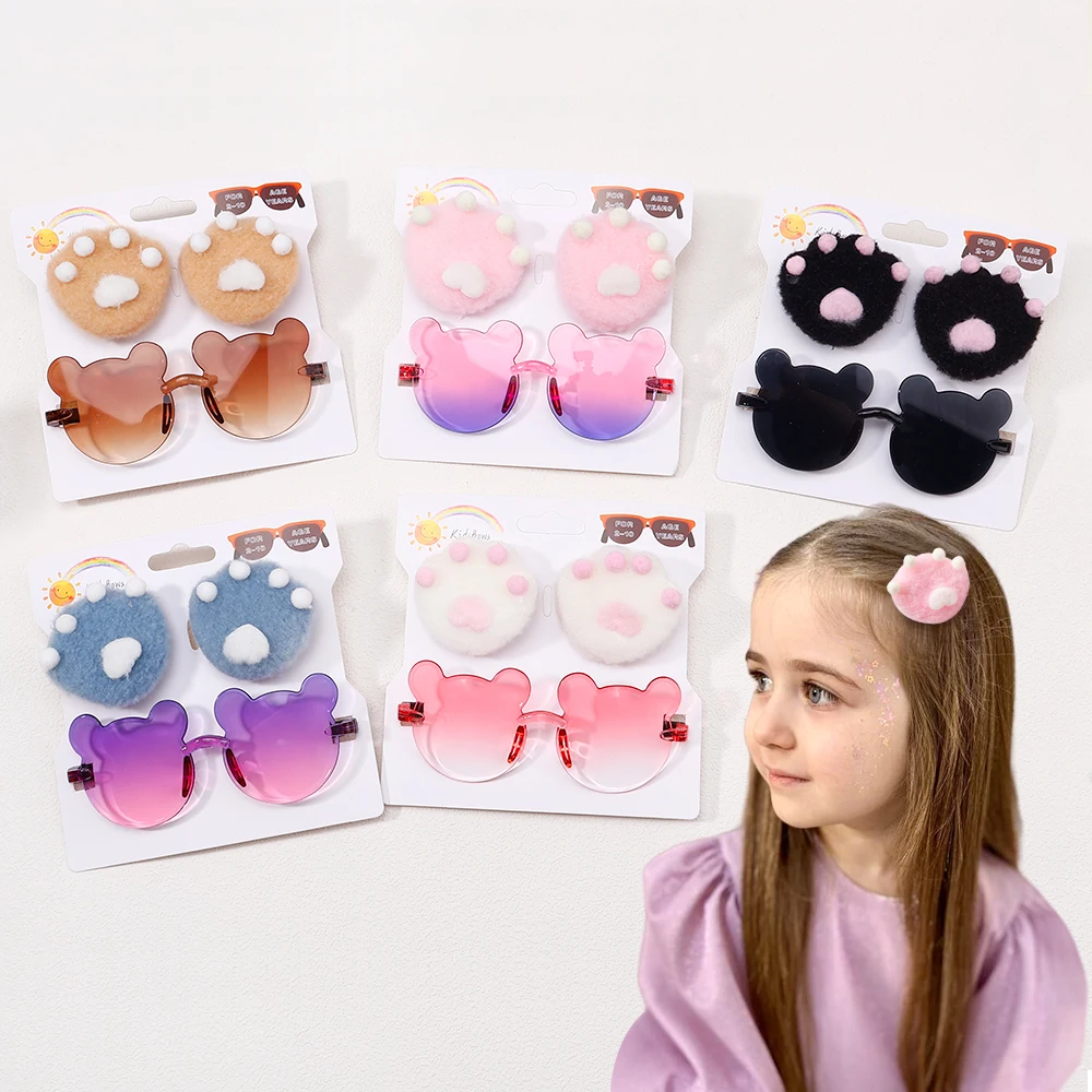 

2Pcs New Cute Solid Color Footprint Hairpin Fashion Glasses and Hair Accessories Clip Bear Set For Baby Girls Lovely Hairpin