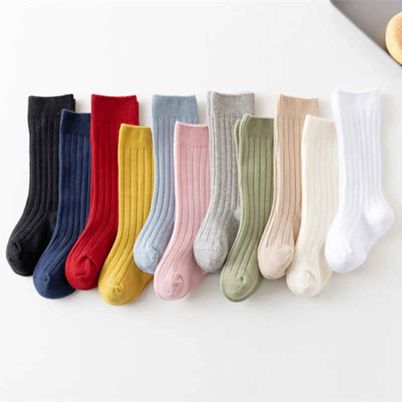 New Baby Socks Solid Kids Infant Girls Boys Knee High Sock Toddler Girl Solid Cotton Stripe Long Sock For 0-5Years Children