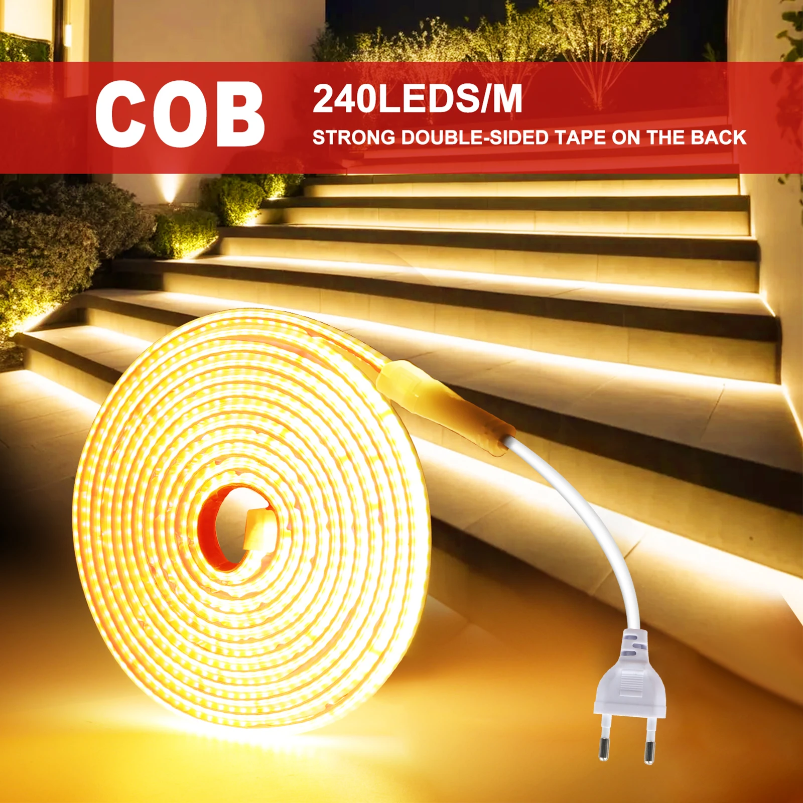 AC 220V COB Strip IP65 Waterproof 10CM Cut 240Leds/M 3000K 4000K 6000K Home Decor Flexible Ribbon Rope Tape LED Light