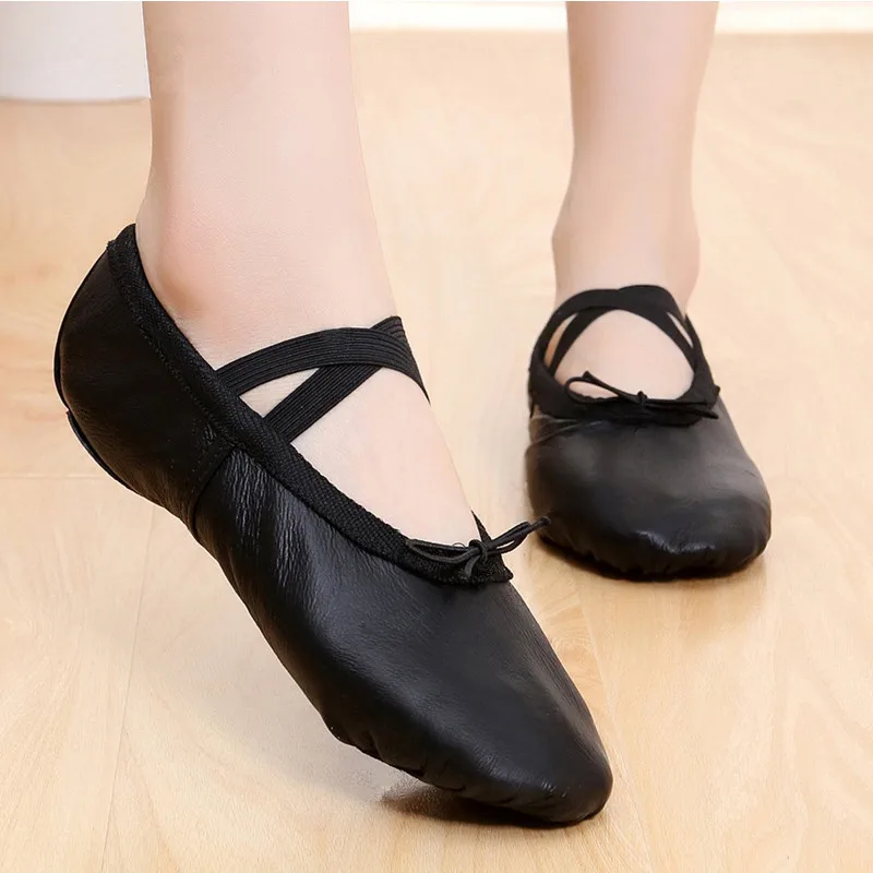 Geniune Leather Ballet Shoes with Crisscross Pre-swen Elastic Strap Pointe Shoe Black 22-42 Ballet Slipper