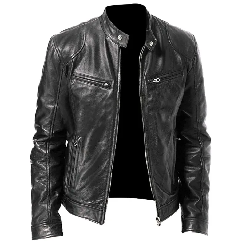 Motorcycle Jacket Mens Slim Fit Short-Coat Collar PU Jackets Winter Autumn Zipper Stand Windproof Leather Coat