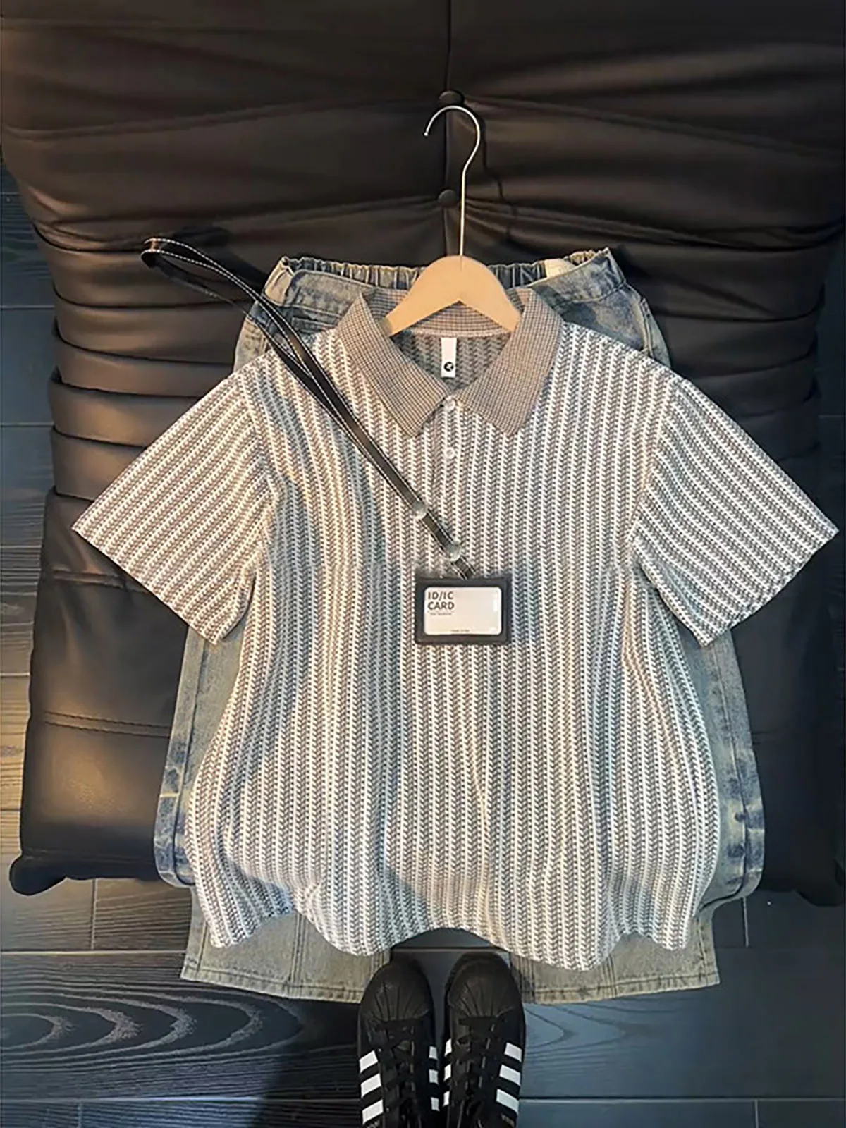 Summer Heavyweight Half Sleeve  Shirt for Men Birdseye Pattern Shoulder Patcher Cleanfit Casual Style Short Sleeve 