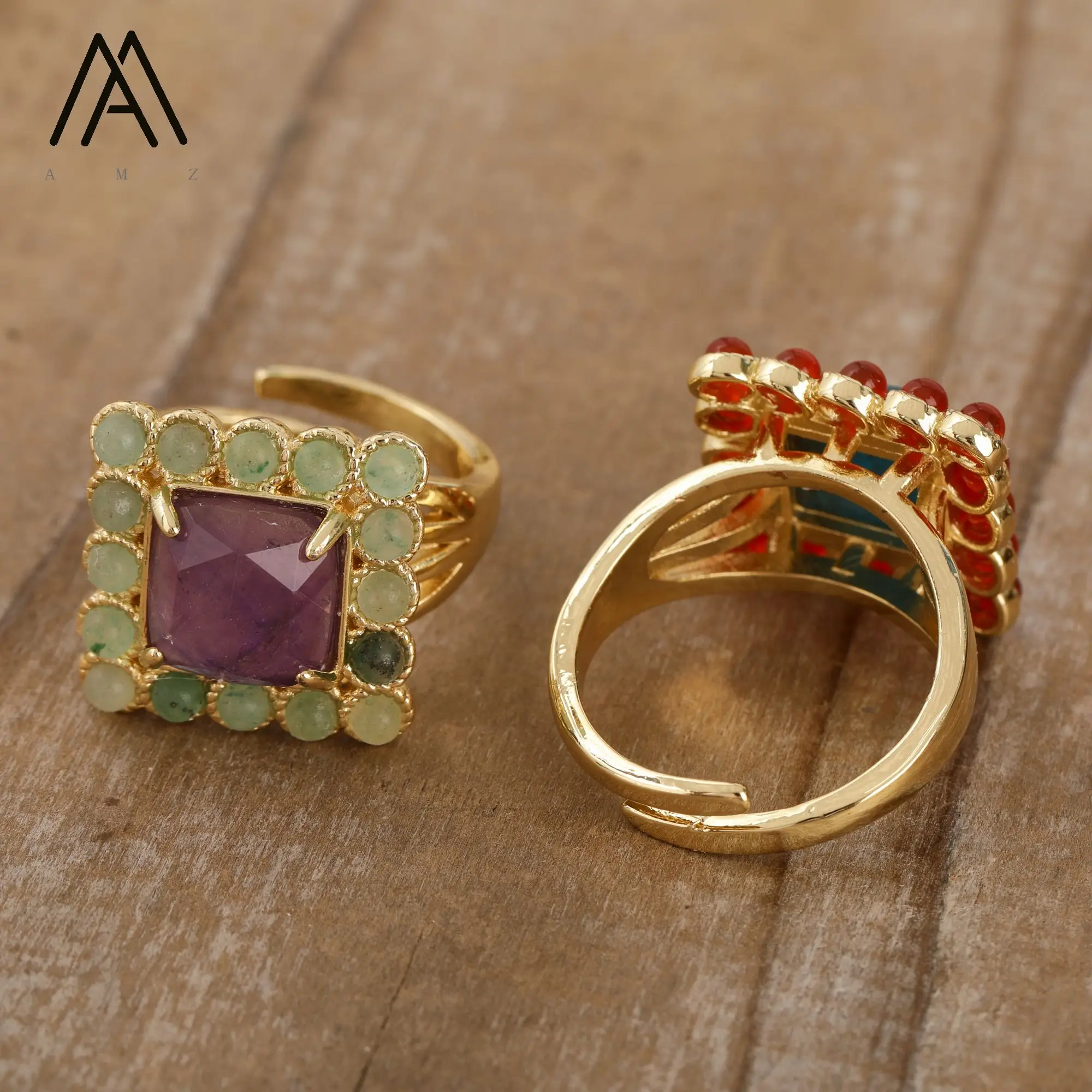 

Newest Style Crystal Rings Healing Natural Gemstone Beads Square Shape Gold Ring Trendy Jewelry Dropshipping