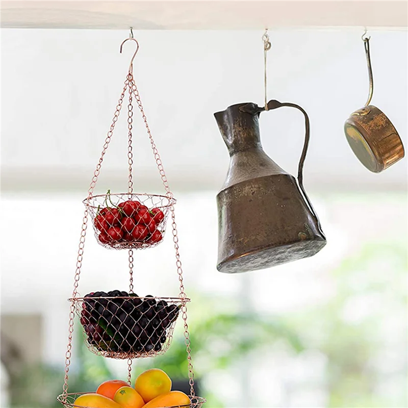 2X 3 Tier Fruit Basket, Vegetable Kitchen Storage Basket Chain Hanging Space Saving Fruits, Plants Storage Basket-BAAQ