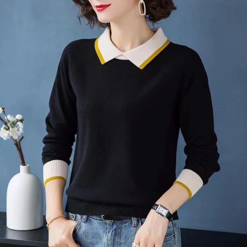 Doll Collar Base Knitted Women\'s 2024 New Contrast Color Spring Autumn Korean Version Loose Slimming Top Long Sleeved Sweaters