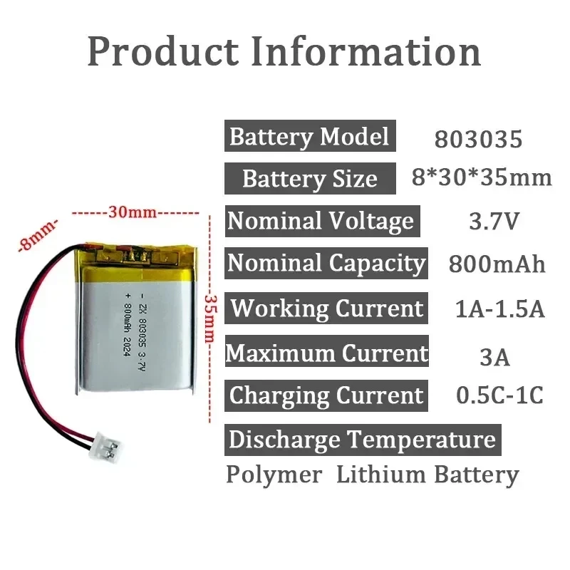 3.7V Lithium Polymer Battery 803035   (800mAh) 503035 （500mAh）Digital Camera Metal Detector Bluetooth SpeakerClippers