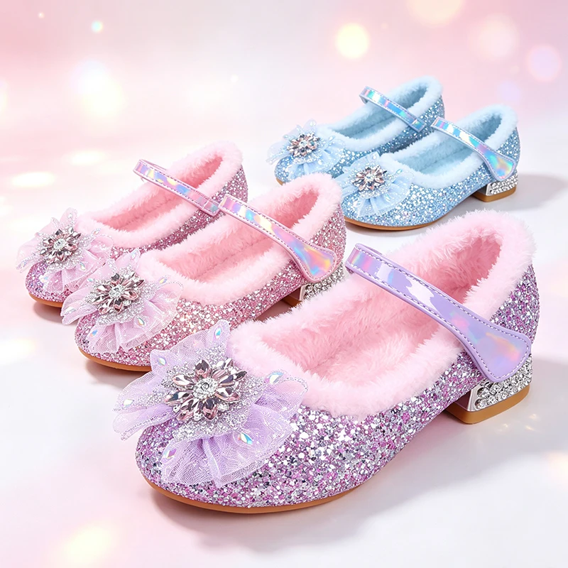 Fancy Little Girls Winter Warm Sequins Princess Dress Up Shoes Halloween Cosplay Christmas Masquerade Elegant Party Luxury Shoe