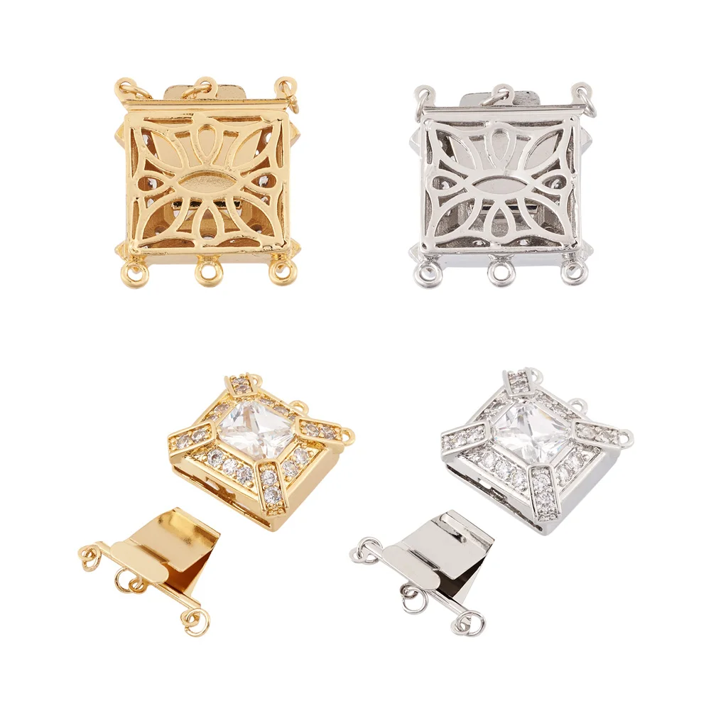 4 Sets Brass Cubic Zirconia Box Clasps Rectangle Multi-strand Clasps Bracelet Necklace Jewelry Findings For DIY Fashion Makings