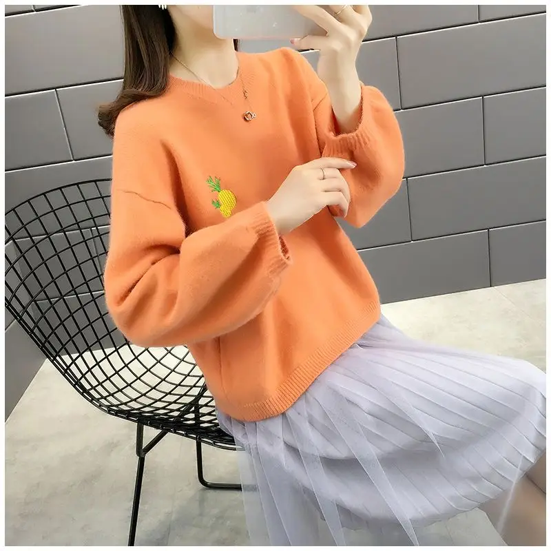 Sweet Fruits Embroidered Bottoming Shirt Women Autumn Winter Korean Loose Fashion Sweater All-match Preppy Style Knitwear Tops