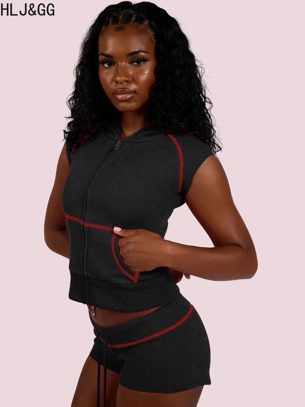 

HLJ&GG Fashion Waffle Zipper Hooded Two Piece Sets Women Sleeveless Slim Crop Top And Drawstring Shorts Outfit Female Streetwear