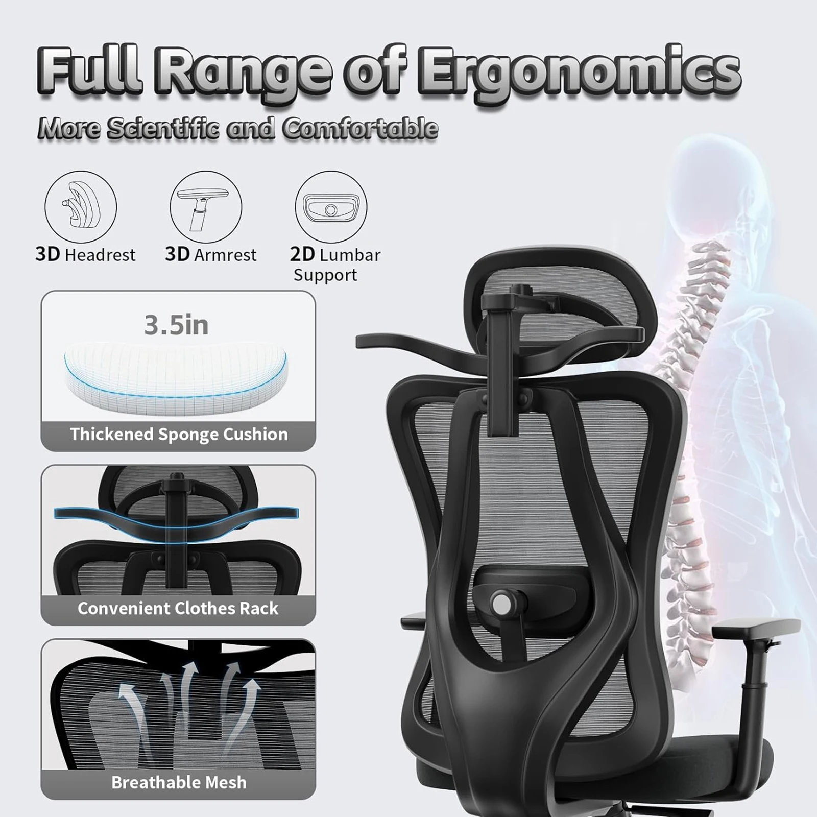 Naspaluro Ergonomischer Bürostuhl, Netzstoff-Schreibtischstuhl mit hoher Rückenlehne und verstellbarer Lordosenstütze, verstellbare Kopfstütze,