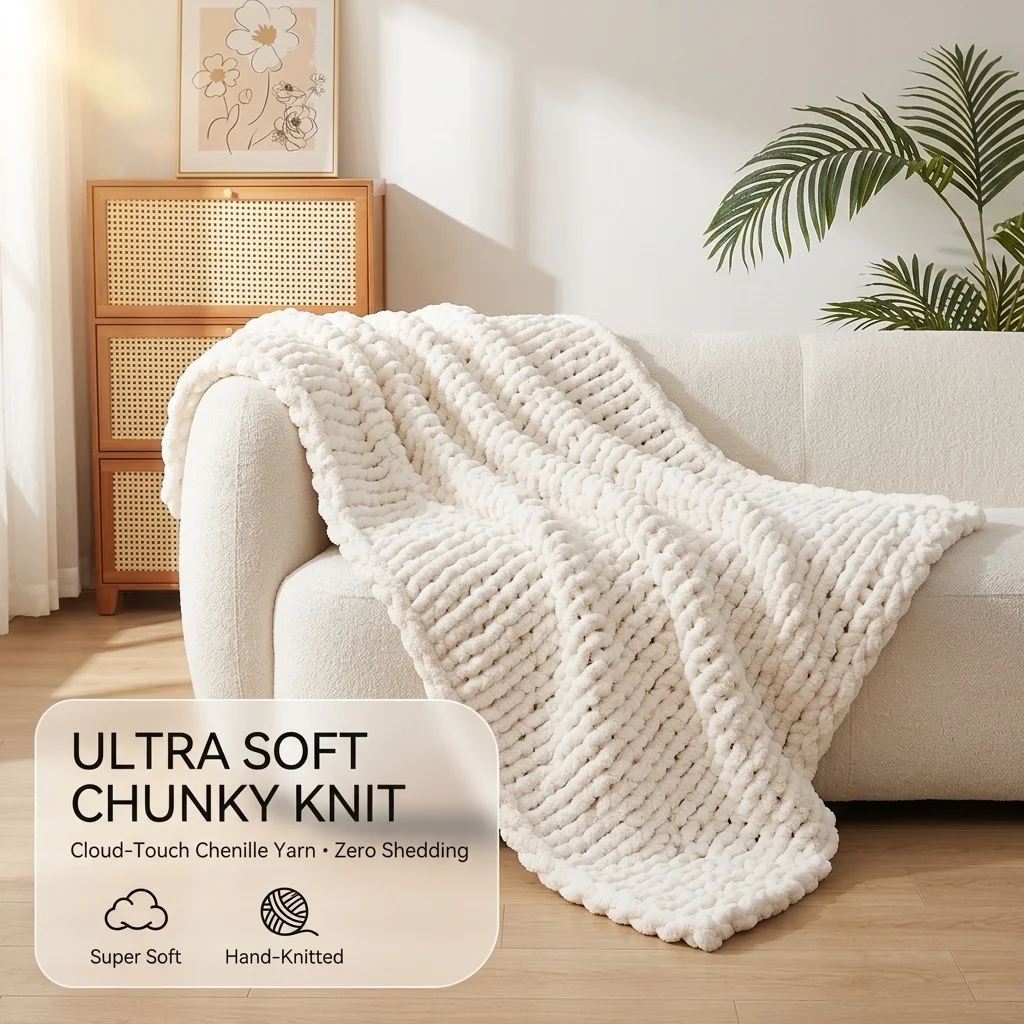Handmade Chunky Chenille Throw Blanket Luxury Warm Cable Knitted Bedspread for Couch Bed Sofa Travel Camping All Season Comfort