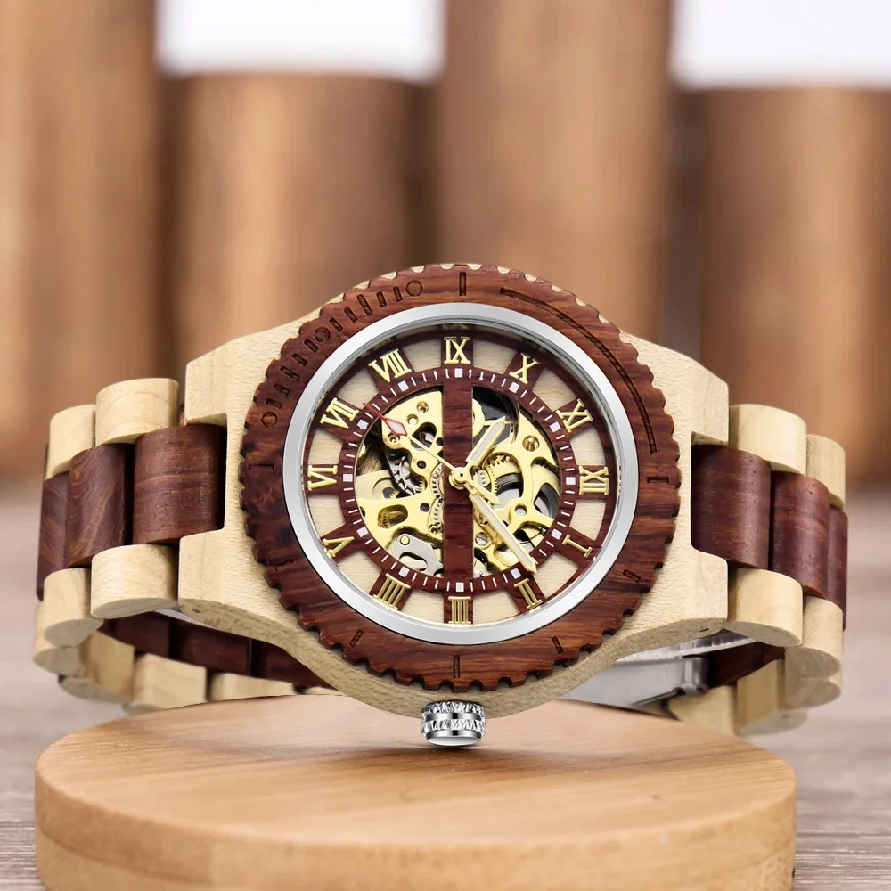 Men's Watch Wooden Watches Unique Automatic Business Mechanical Watch Wood Band Clock Skeleton Hollow Watch Top Brand Luxury