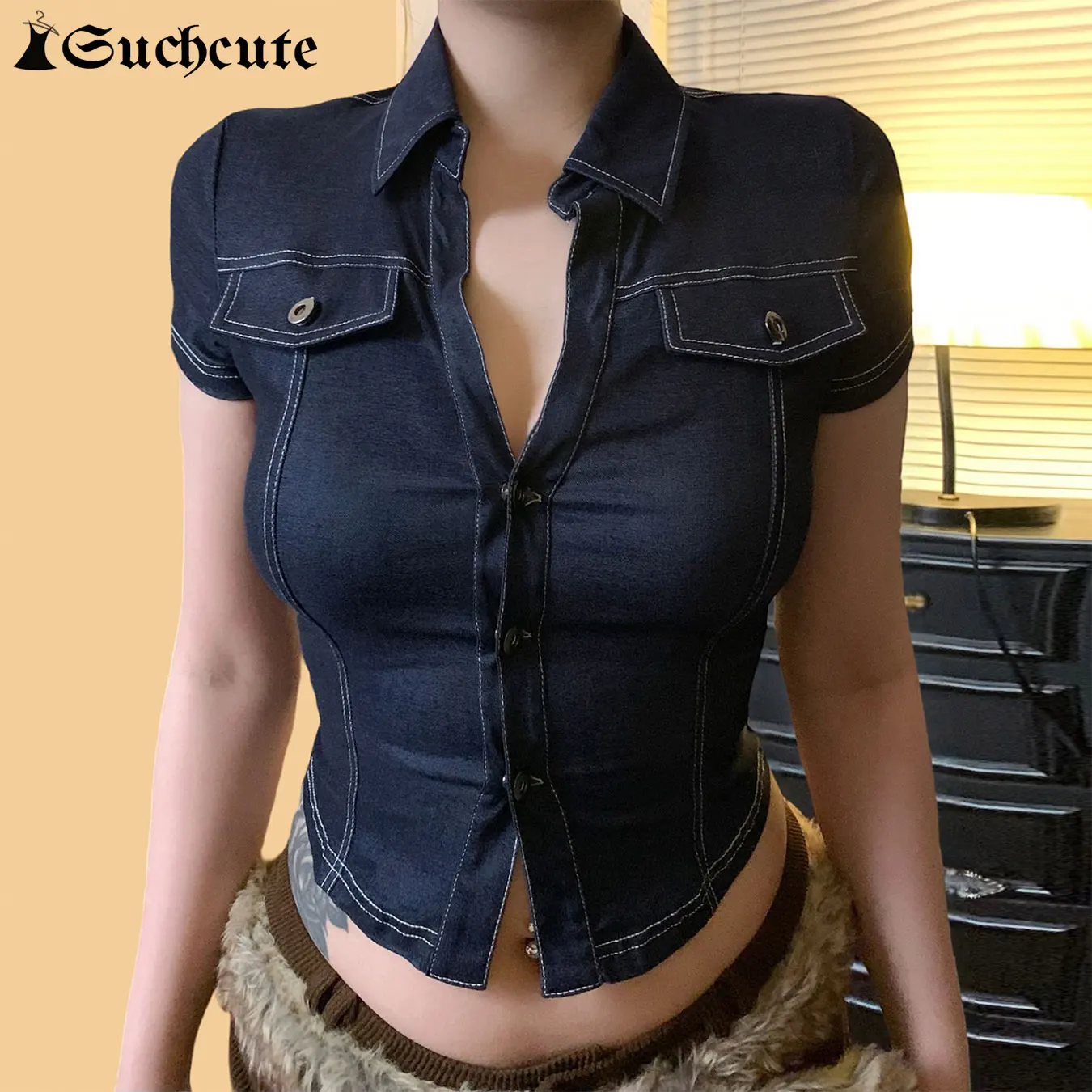 

SUCHCUTE Street Faux denim shirt For Women Vintage Turn-Down Collar Short Sleeve Crop Top Casual Single Breasted Button Tees Y2k