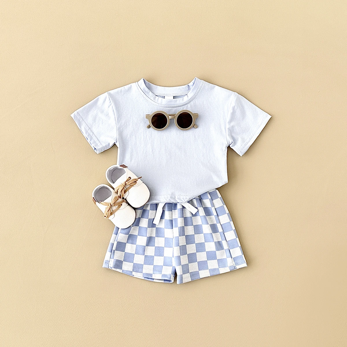 2024 Newborn Summer Boys Clothing Set Solid Color Short Sleeved T-shirt+Checkerboard Shorts Cotton Girls Casual Children Suit