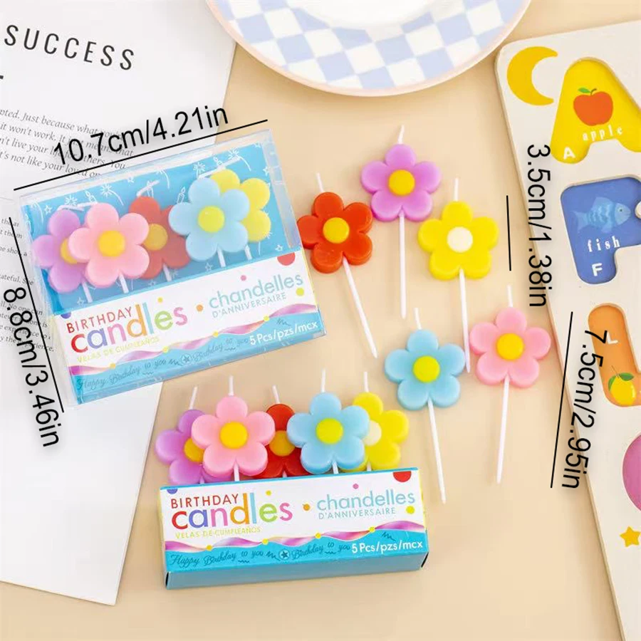 5 Stück bunte blumenförmige Kerzen für Mädchen, Geburtstagsparty, Kuchendekoration, niedliche Plugin-Kerzen – Detail 3