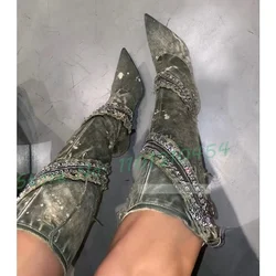 Crystal Zip Wrap Denim High Boots For Women Pointy Diagonal Zip Patchwork High Heels Shoes Ladies New In Luxury All-match Boots