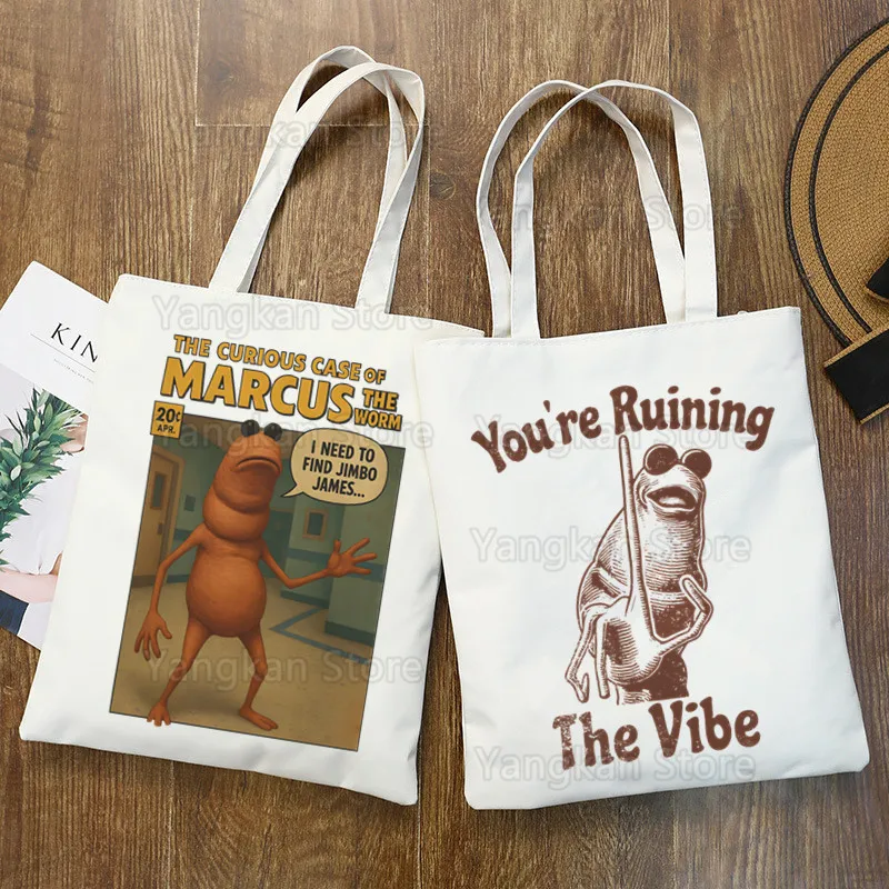 

Marcus The Worm Robert Meme Shopper Printed Kawaii Bag Harajuku Shopping Canvas Shopper Handbag Tote Shoulder Bag