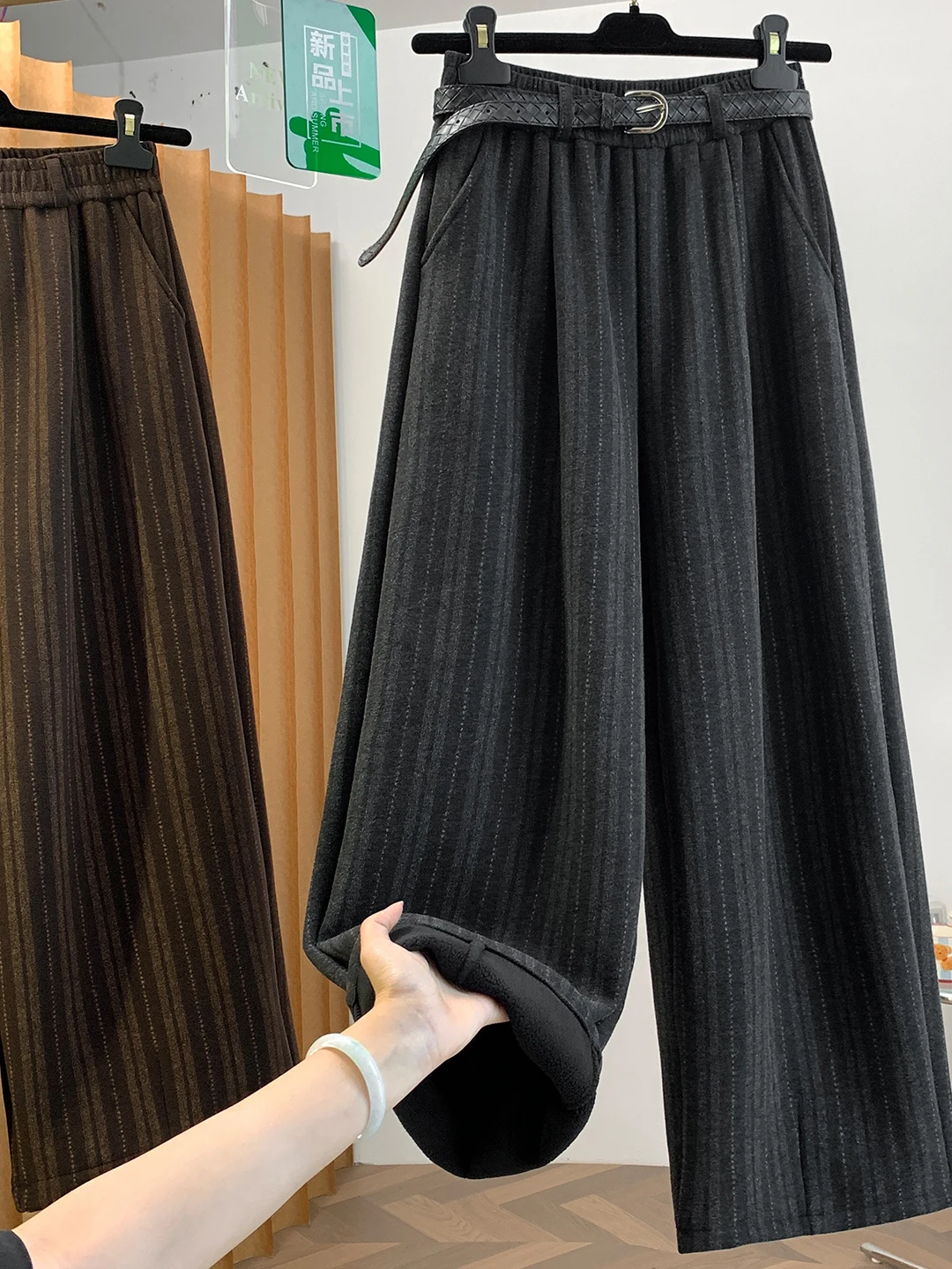 Authentic Wide Leg Pants Vertical Stripes Straight Shape Casual Trousers Korean Style Autumn Winter New Arrival for Women