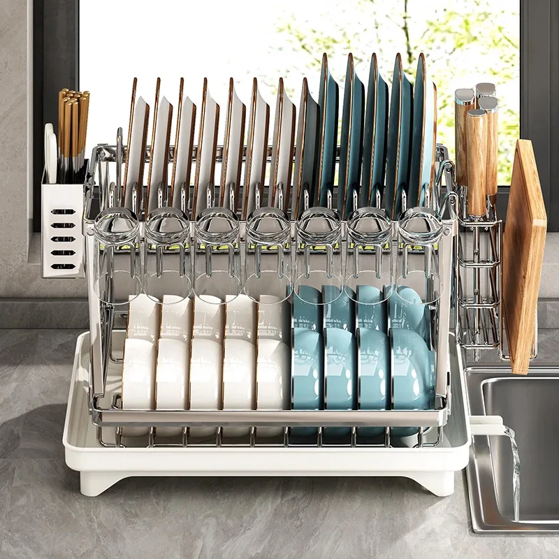 304 Stainless Steel Kitchen Storage Rack, Bowl and Plate Draining Stand, Multifunction Home Organizer for Dishes and Cookware