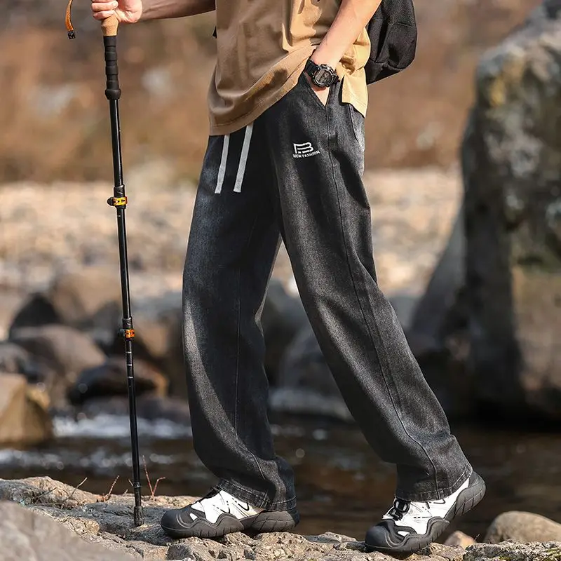 

Мужские осенние прямые свободные джинсы Y2K на шнурке, уличная одежда, повседневные широкие джинсовые брюки, мужские мешковатые стильные спортивные брюки