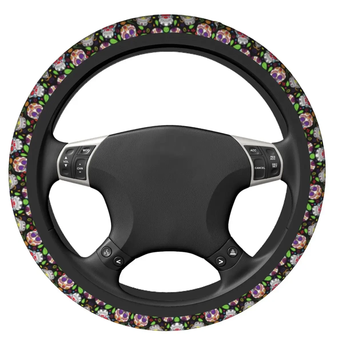 Colorful Sugar Skull Flower Universal Steering Wheel Cover Mexican Day of the Dead Car Steering Wheel Protector Auto Accessories