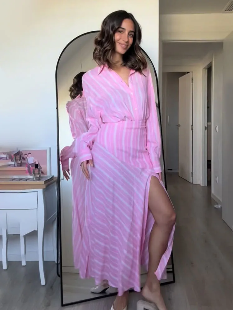 

HH Woman Elegant stripes Pink Lapel Single Breasted Long Sleeves Casual Loose Shirt+Side Zipper Splicing Pleated Long Skirt Suit
