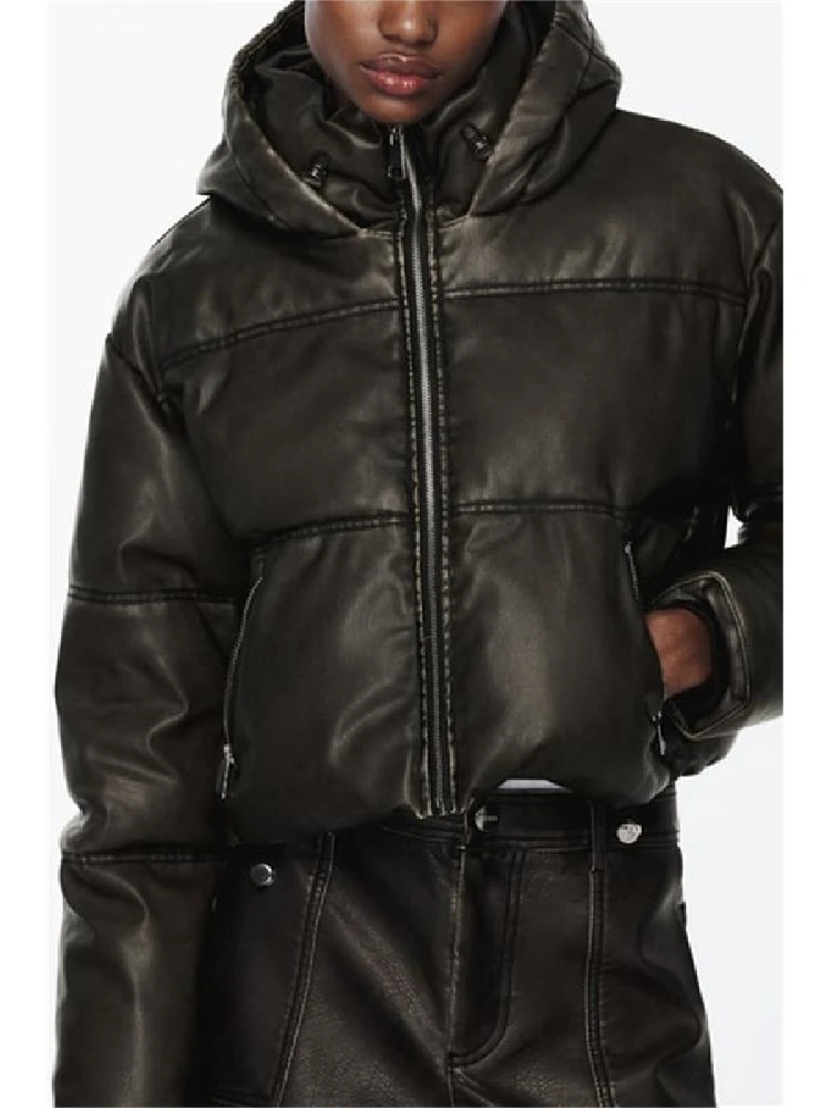 

Новое женское пальто из искусственной кожи с воротником-стойкой и капюшоном или хлопок Jaet Thiened Coat 30236, длинное пальто с высокой талией