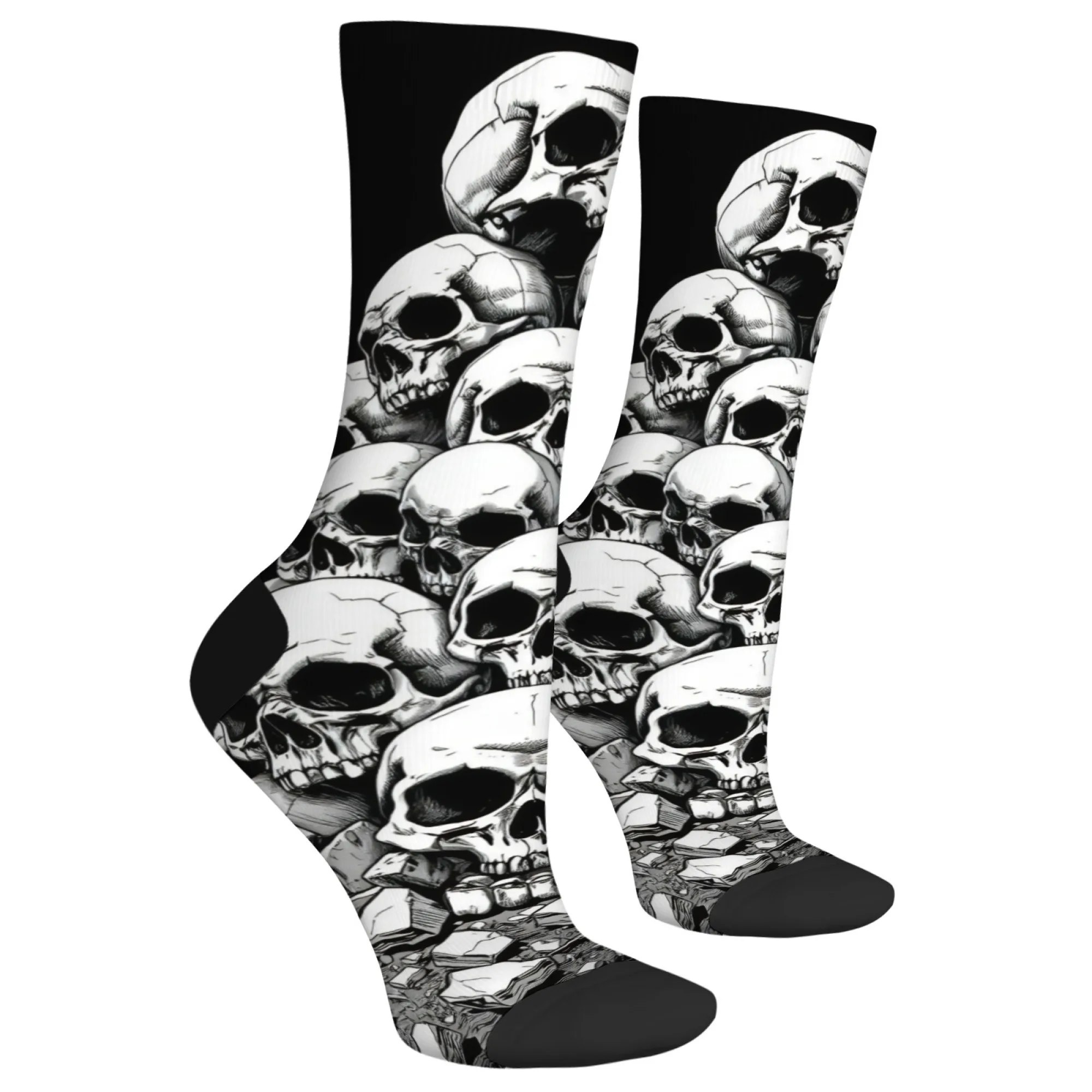 남성용 크루 양말 1켤레 블랙 & 화이트 해골 콜라주 아트 프린트 부드럽고 편안한 캐주얼 양말 일상 착용 및 팝 컬처 팬용