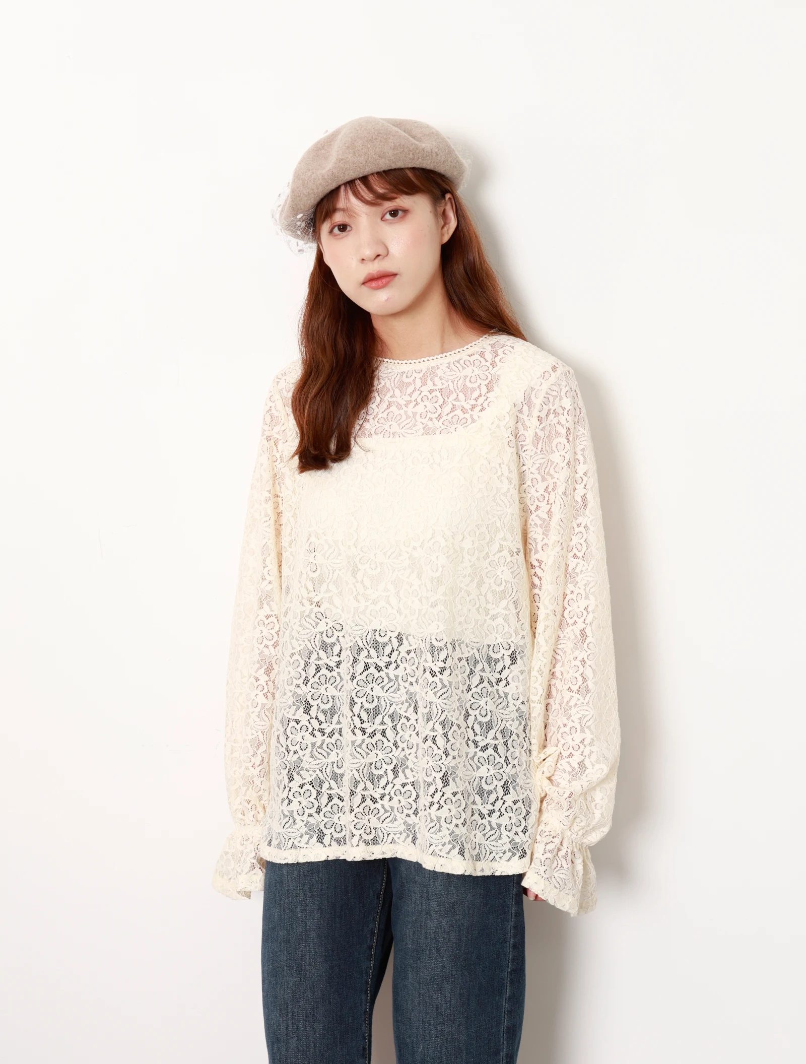 

Новинка! Летний топ-накидка из кружева, однотонный, свободного кроя, в японском стиле, с круглым вырезом, ANNUUS Sweet Sle.