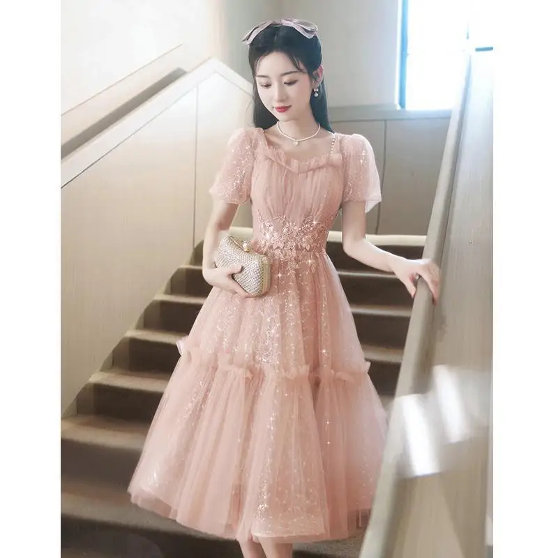 Sweet Short Evening Dresses With Puff Sleeve Classic Lace Applique Tulle Robe De Soiree Elegant Simple Vestidos Customized