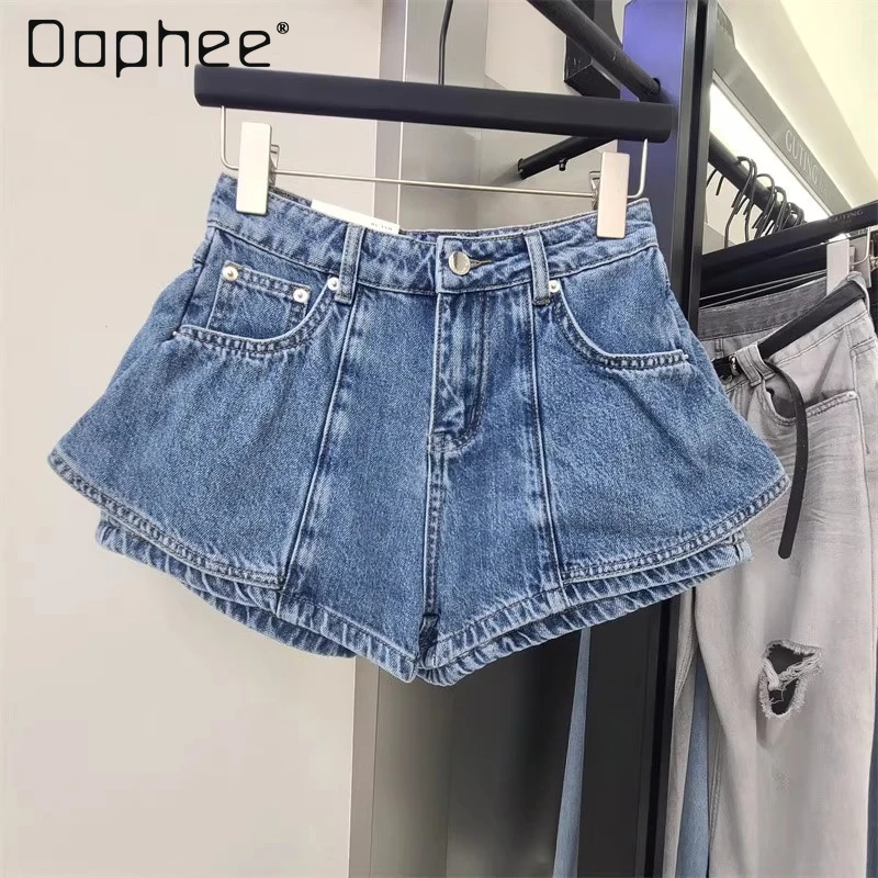 

Summer New Fashion Ruffle Edge Denim Shorts Temperament Trend High Waist Slim Shorts Solid Color Versatile Casual Women Jeans