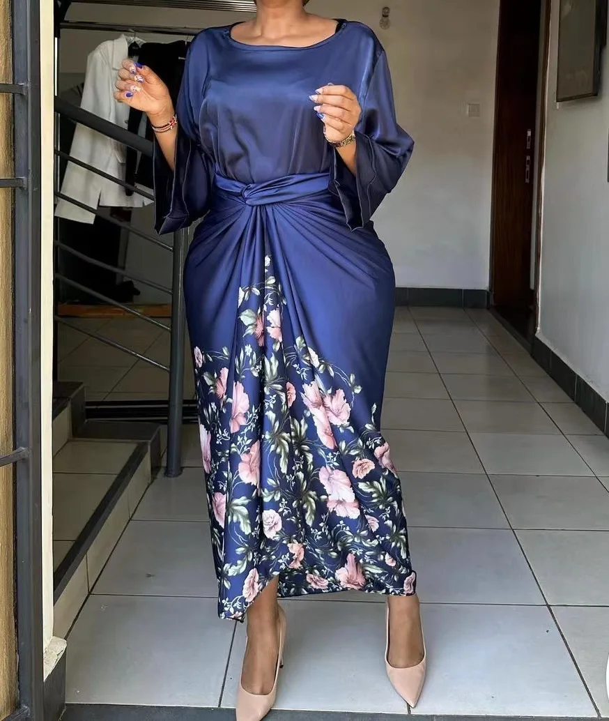 African Clothes for Women Summer Elegant African Women Two Pieces Set Loose Flare Sleeve Top Print Skirt Matching Sets