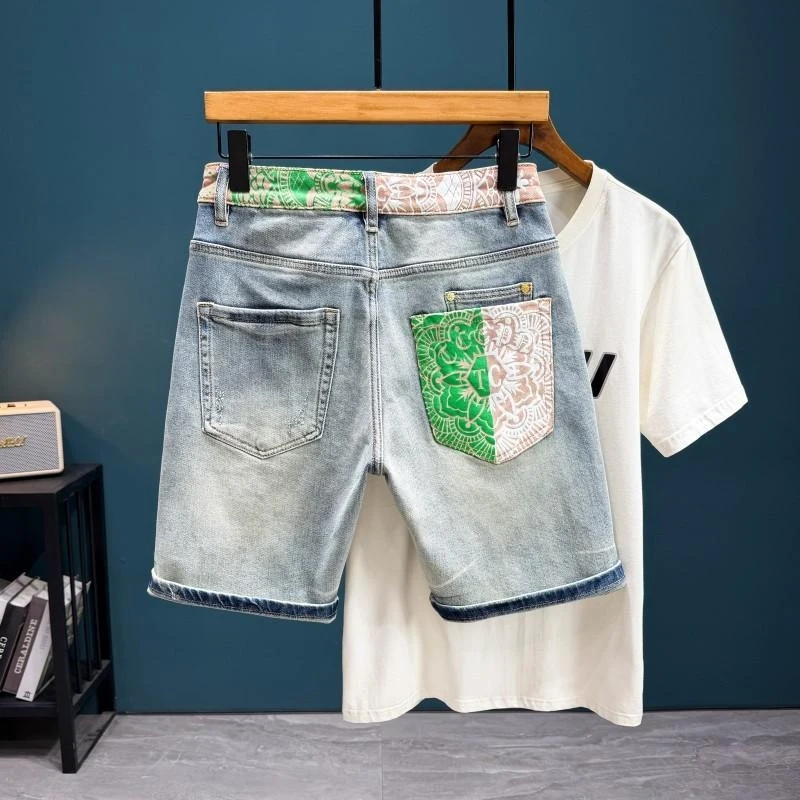 

Vintage Patterned 5-Inch Straight Denim Shorts for Men, European Street Style, Trendy Daily Casual Pants