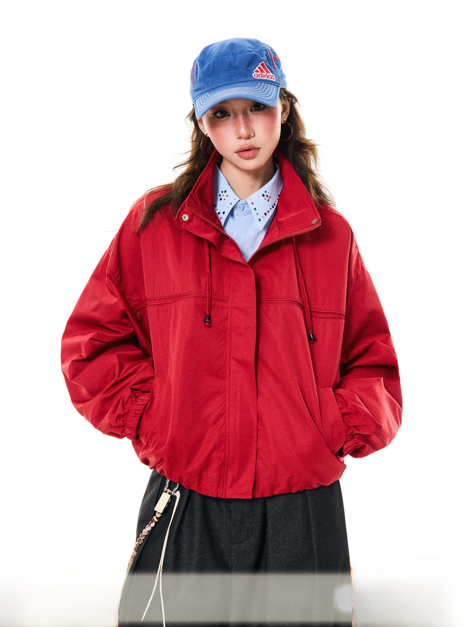 

Young Stage American Retro Red Loose Fit Stand Collar Jaet Women's Spring Season Versatile Workwear Sle Breathable ort ...