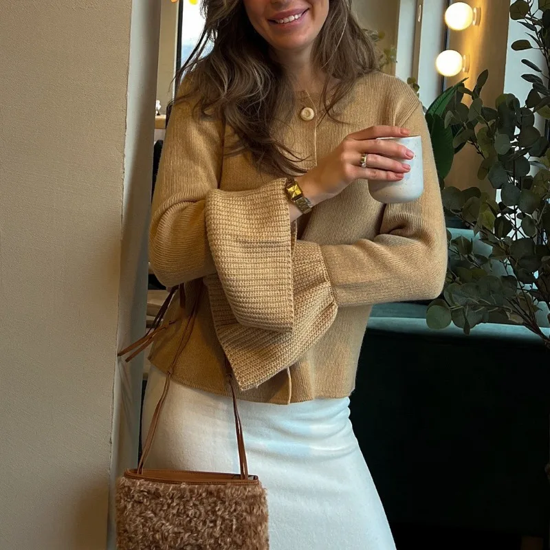 

Women Solid Color Knitted Cardigan Flare Sleeve Round Neck Single Breasted Sweaters Autumn Winter Lady Casual Loose Knitwear