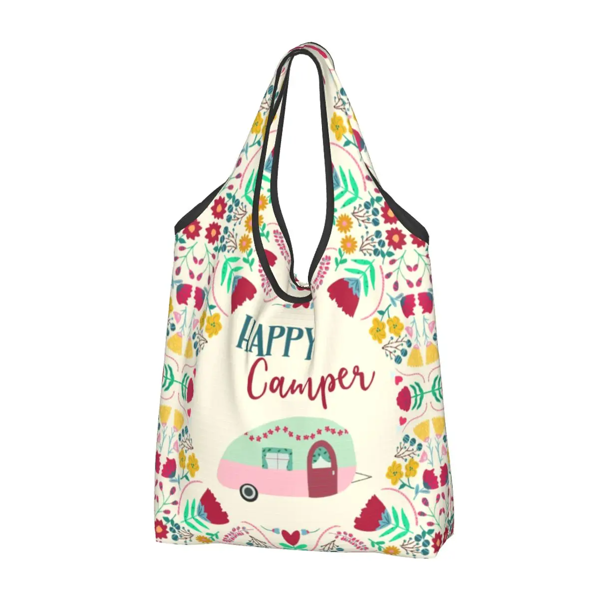 

Custom Happy Campers Van Life Shopping Bag Women Portable Large Capacity Groceries Cartoon RV Camping Shopper Tote Bags